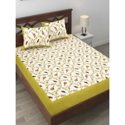 Runjhun White & Green Floral Printed 144 TC Cotton Queen Bedsheet Set-picture-34