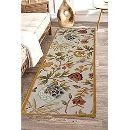 Runner Rug for Bedroom 2.5x7 feet, Wool, Beige, Handmade Tufted Carpet for Living Room, Thick & Anti-Skid, Rectangular, Floral Design, Cotton Latex Backing-picture-10
