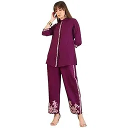 runway dreams Women's Embellished Burgundy Silk Blend Mandarin Collar Co-Ords Set (LWCDWN1168)-picture-17