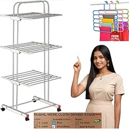 RUSHIL WERE 3 Tier 304 Stainless Steel Foldable Cloth Dryer Stand | Movable, Rust-Proof, Edge-Free | Heavy Duty Fully Steel Body | 10 Year Warranty | Laundry Racks for Drying-picture-15
