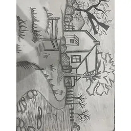 Rustic Countryside Charcoal Drawing, Black and White Landscape Art with House and Trees-picture-45
