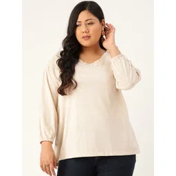 Rute Plus Size Cream-Coloured Puff Sleeves Smocked Pure Cotton Top-picture-20