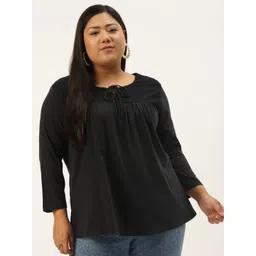 Rute Women Plus Size Black Solid Cotton Tie-Up Neck Top-picture-35