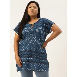Rute Women Plus Size Navy Blue & White Geometric Print Tie-Up Neck Extended Sleeves Top-picture-38