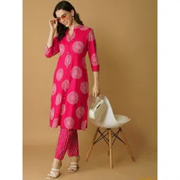 Ruvii Ethnic Motifs Printed Mandarin Collar Pure Cotton Straight Kurta with Trousers-picture-42