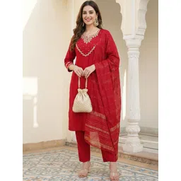 Ruvii Women Ethnic Motifs Embroidered Regular Liva Kurta with Trousers & With Dupatta-picture-44