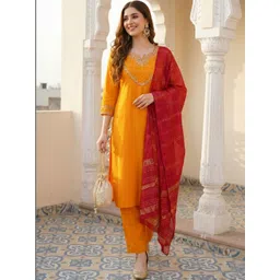 Ruvii Women Ethnic Motifs Embroidered Regular Thread Work Liva Kurta with Trousers & With Dupatta-picture-5