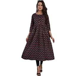 ruvii Women's Cotton Maternity Kurti, Navy Blue and Grey Floral Print, 3/4 Sleeve A-Line Anarkali Style Dress, Round Neck, Midi Length, Casual Wear-picture-32