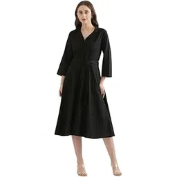 saadaa Women's Solid Airy Linen Flared Dress | Notch Collar & 3/4 Sleeves with Adjustable Belt | Below-Knee Western Dress-picture-32