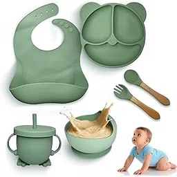 SAAJHA 6-Piece Silicone Baby Feeding Set – Suction Plate & Bowl, Training Cup, Spoon & Fork, Adjustable Bib – BPA-Free, Dishwasher Safe, Non-Slip Infant Weaning Set for Babies & Toddlers 6+ Months-picture-30