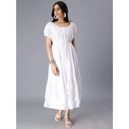 SAAKAA Self Design Puff Sleeves Pure Cotton Tie Up Smocked Schiffli & Tiered Midi Dress image 1