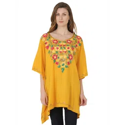 SAAKAA Yellow Floral Embroidered Sweetheart Neck Kaftan Top-picture-40
