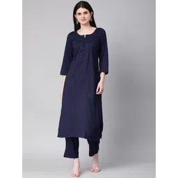 Saanjh Navy Blue Striped Straight Kurta with Trousers-picture-31