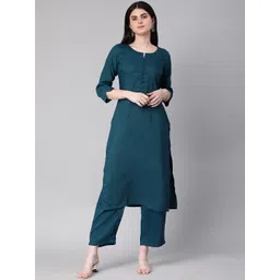 Saanjh Teal Striped Straight Kurta with Trousers-picture-19
