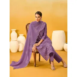 Saanjh Women Floral Printed Regular Thread Work Kurta with Trousers & With Dupatta-picture-12