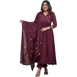 saanjhh storeez Women's Cotton Embroidered Long Anarkali Kurti with Pant and Dupatta Set-picture-48
