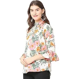 saargam Women's Floral Print Round Neck Poly crepe Top, Multi, Medium-picture-45