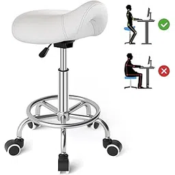 Saddle Stool Ergonomic- Comfortable Rolling Saddle Stool with Wide Thick Saddle Seat Padding, Swivel Adjustable Saddle Chair with Wheels and Ring Pedal for Medical Massage Salon, (Classic White)-picture-30