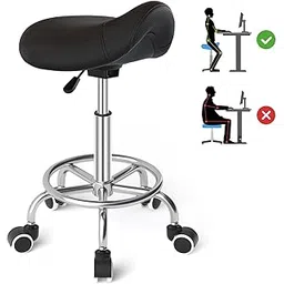 Saddle Stool Ergonomic- Comfortable Rolling Saddle Stool with Wide Thick Saddle Seat Padding, Swivel Adjustable Saddle Chair with Wheels and Ring Pedal for Medical Massage Salon, Office Home (Black1)-picture-49