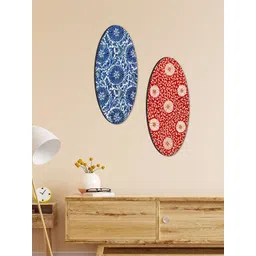 SAF 2 Pcs Blue & Red Oval Shaped Floral Theme Wooden Wall Hangings-picture-17