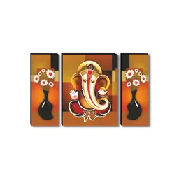 SAF 3 Pieces Orange & Yellow Lord Ganesha With Floral Vase Religious Wooden Wall Art-picture-37