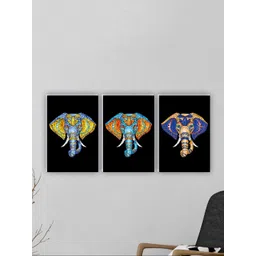 SAF Black & Blue 3 Pieces Traditional Elephant Painting Wall Art-picture-18