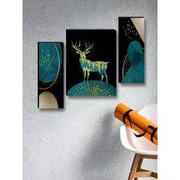 SAF Black & Gold-Toned 3 Pieces Deer Birds And Animals Wooden Wall Art-picture-30