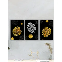 SAF Black & Gold Toned 3 Pieces Leaves Painting Waterproof Wall Arts-picture-23