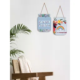 SAF Blue & White 2 Pieces Good Vibes Design Jar Shape Wooden Wall Hangings With Strings-picture-34