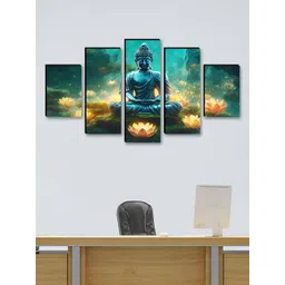 SAF Blue & Yellow 5 Pieces Buddha Religious Printed Wooden Wall Art-picture-14