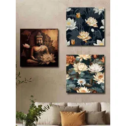 SAF Brown & Beige 3 Pieces Buddha And Floral Printed Canvas Wall Art-picture-36