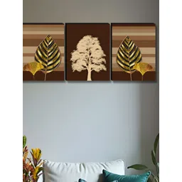 SAF Brown & Gold-Toned 3 Pieces Tree & Leafs Printed Wooden Wall Paintings-picture-22