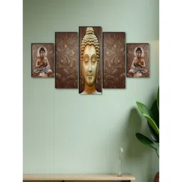 SAF Brown & Gold-Toned 5 Piece Religious Buddha Wood Wall Art-picture-11