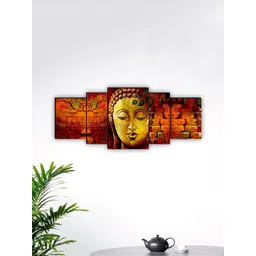 SAF Brown & Gold-Toned 5 Pieces Lord Buddha Framed Wall Art Painting-picture-16