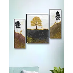 SAF Brown & Yellow 3 Piece Tree Printed Wooden Wall Art-picture-36