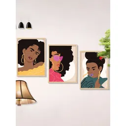 SAF Brown & Yellow 3 Pieces Boho Woman Painted Framed Wall Art-picture-22