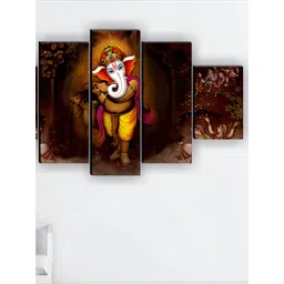 SAF Brown & Yellow 5 Pieces Synthetic Wood Religious Wall Paintings-picture-14