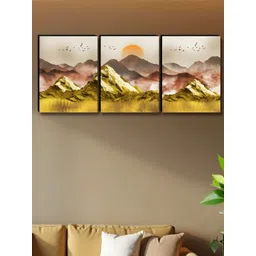 SAF Gold-Toned & Beige 3 Piece Abstract Printed Wooden Wall Art-picture-34