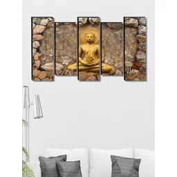 SAF Gold-Toned & Brown 5 Pieces Wood Buddha Religious Wall Art image 1