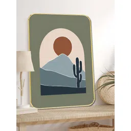 SAF Green & Blue Mountain Landscape with Cactus Earthy Wooden Wall Art-picture-18
