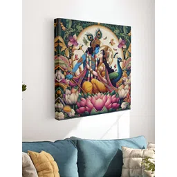 SAF Green & Blue Radha Krishna Lotus Religious Canvas Wall Art-picture-13