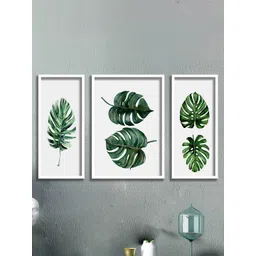 SAF Green & White 3 Pieces Tropical Leaves Painting UV Coated Framed Wall Art-picture-38