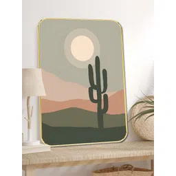 SAF Grey & Green 1 Piece Wood Desert Cactus Sunset Wall Paintings-picture-37