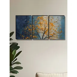 SAF Navy Blue & Orange 3 Piece Wood Floral and Botanical Wall Paintings image 3