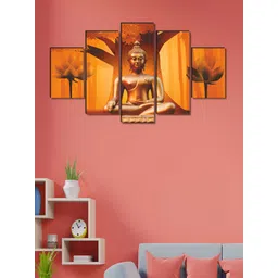 SAF Orange & Gold-Toned 5 Pieces Buddha Wood Wall Art-picture-31
