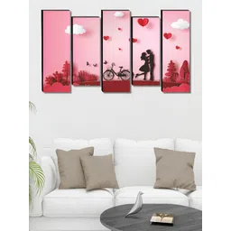 SAF Pink & White 5 Pieces Couples Printed Wooden Wall Arts-picture-36