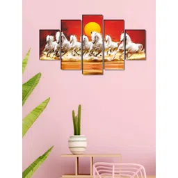 SAF Red & White 5 Pieces Seven Running Horse Birds And Animals Wooden Wall Art-image-2
