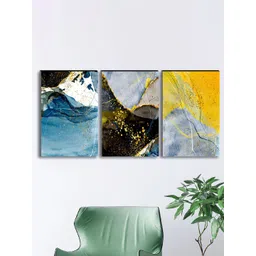SAF Set of 3 Blue & Yellow Modern Art Large Panel UV Textured Wall Painting-picture-23