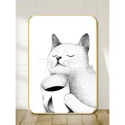 SAF White & Black Cat with Coffee Mug Wooden Wall Art-picture-25