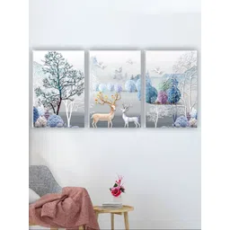 SAF White & Blue 3 Pieces Deer And Tree Painting Wall Art image 1